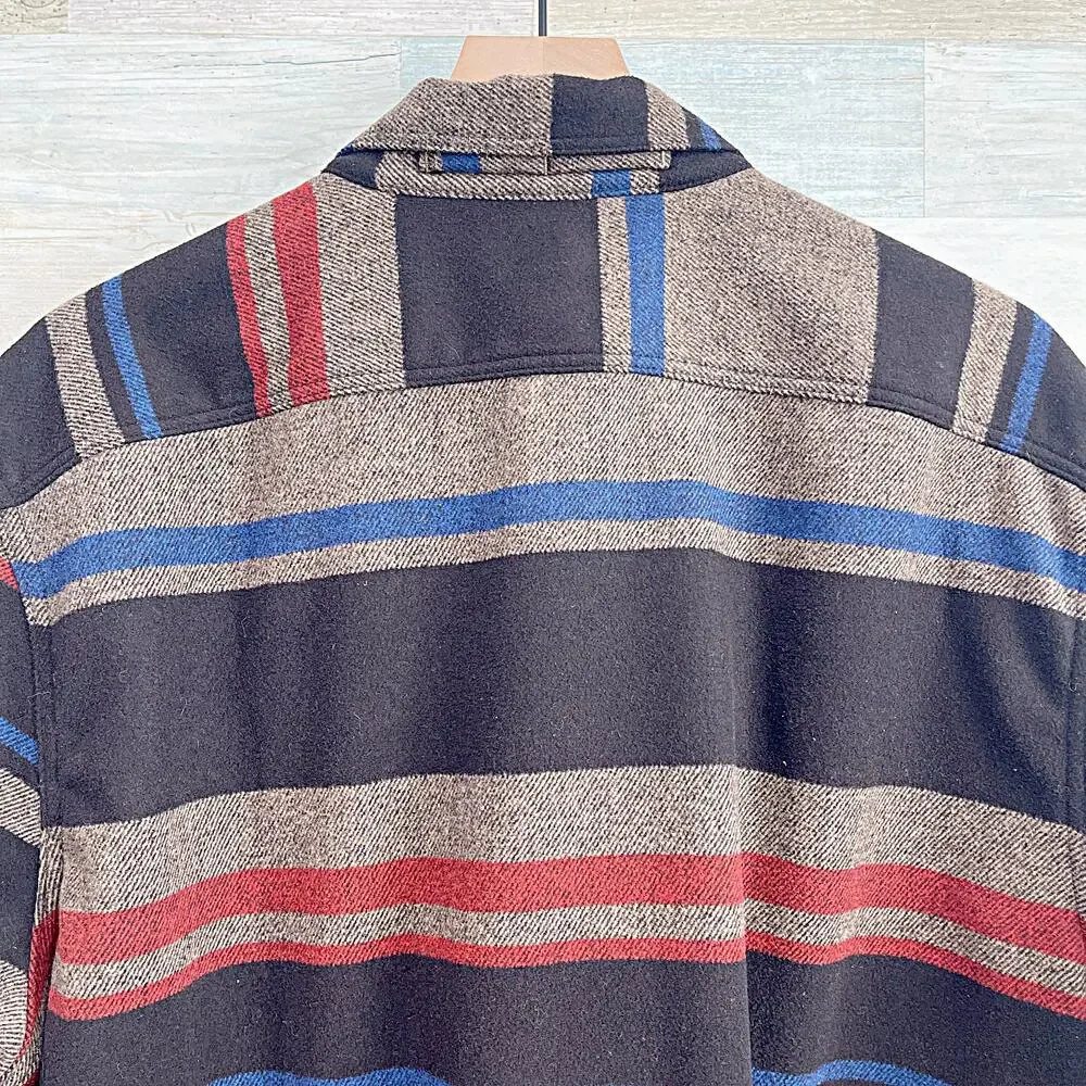 Banana Republic Striped Melton Thick Flannel Shirt Brown Blue Wool Blend Mens XL